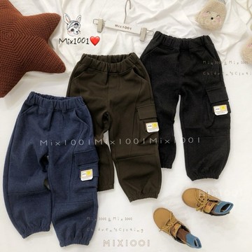 🌈✨mix1001 厚毛呢❄️微笑🙂貼布工裝褲✨兒童毛呢縮口褲 7-19