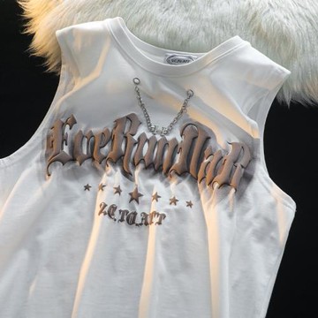 美式街頭項鏈字母發泡印花T恤女夏季潮牌寬松情侶款坎肩無袖背心