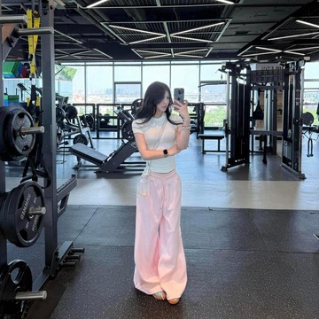 現款免運 闊腿褲 彎刀褲 休閒長褲 美拉德基礎簡約粉色彎刀休閒褲女百搭休閒寬鬆闊腿運動長褲Tr