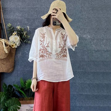 ＊ORead＊文藝復古休閒V領套頭苧麻五分袖上衣(5色F碼)【限定加碼✿全館滿額再折】