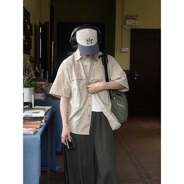 日系文藝復古格子短袖襯衫女夏季寬松休閑小個子半袖外穿襯衣外套