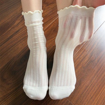 🎀biubiu童裝🎀夏季薄款襪子女純色鏤空網眼中筒襪白色運動透氣少女花邊堆堆襪