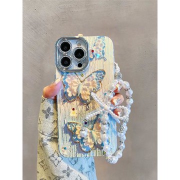 適用iphone15promax手機殼13/16韓風ins鑲鉆蝴蝶14新款16promax蘋果14promax閃粉鏡頭12珍珠掛繩11女15pro套