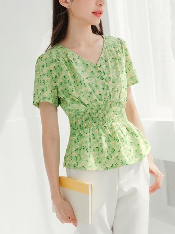 小V臉．V領印花包釦造型收腰上衣