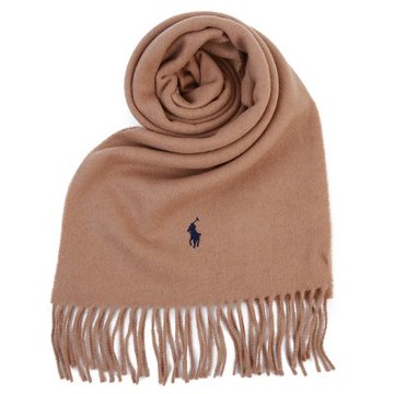 RALPH LAUREN POLO 小馬刺繡LOGO素面羊毛圍巾-駝/深藍色