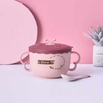 兒童碗防摔防燙不銹鋼304餐具帶手柄雙耳湯碗勺小學生家用吃飯碗