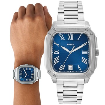 FOSSIL Crosby 工業風羅馬方形手錶-藍x銀/42mm FS6121