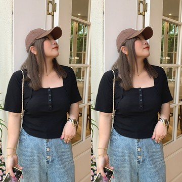 💕甜心大尺碼💕大尺碼設計感小眾方領黑色短袖t恤女2024夏季新款正肩薄款修身顯瘦上衣