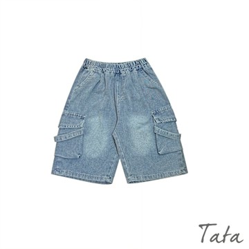 TATA KIDS 童裝 鬆緊腰工裝感大口袋牛仔五分短褲-170