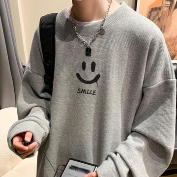 華夫格笑臉男衛衣oversize小眾高街潮牌ins大碼無帽圓領打底衫秋