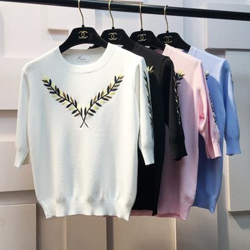 春季女裝新款韓版冰絲針織衫女中袖套頭修身顯瘦打底衫甜美上衣