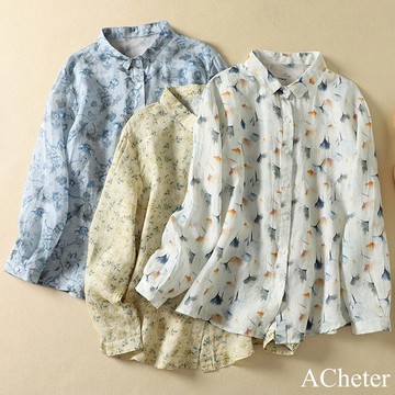 【ACheter】棉麻數碼印花清新色系仙氣款長袖襯衫百搭短上衣# 123655(現貨+預購)