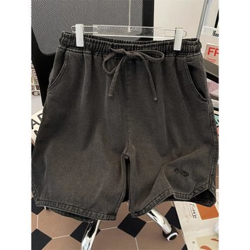 街頭水洗牛仔短褲男士夏季薄款潮牌寬松五分褲美式闊腿刺繡中褲子