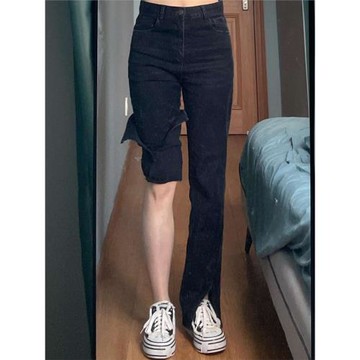 黑色開叉微喇叭牛仔褲女春秋大碼胖mm顯瘦高腰喇叭褲復古直筒長褲