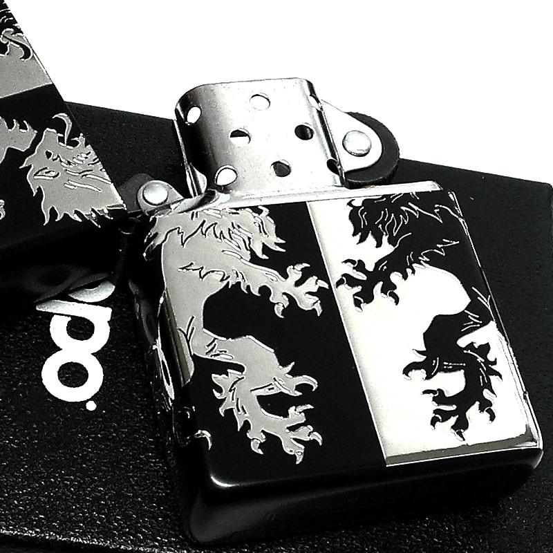 ZIPPO ライター モノトーンライオン ジッポ かっこいい ブラック×シルバー 黒銀 5面加工 エッチング彫刻 ギフト おしゃれ メンズ