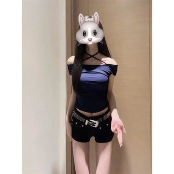 本土出貨 性感純慾掛脖一字肩短袖t恤女夏季修身顯瘦收腰緊身辣妹短款上衣VIAL@1 R