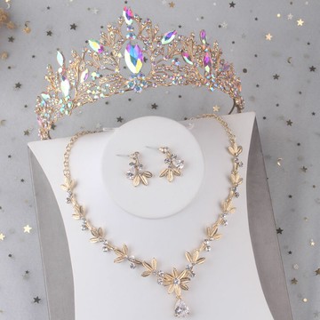 金色婚紗皇冠項鏈耳環套裝鋯石結婚晚宴主持配飾品晚禮服新娘首飾