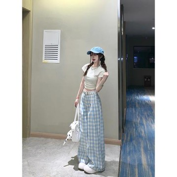 藍色格子闊腿褲女夏季高腰垂感休閑直筒顯瘦設計感慵懶風薄款褲子