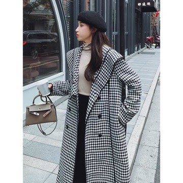 復古千鳥格撞色呢子大衣女2025秋冬新款海軍領小眾設計感毛呢外套