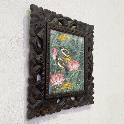 バリ絵画　蓮の花の絵画 木製フレーム付き バリ絵画 ブンゴセカン 鳥の絵 蓮の花と稲穂 W33×H38cm 花鳥風月