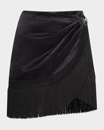 Cotton-Silk Duchesse Fringe Wrap Mini Skirt