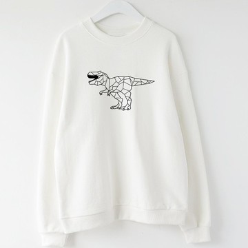 Dino Geometric T Rex 男女大學T 刷毛 中性版 白色 幾何恐龍秋冬