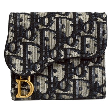 Christian Dior Saddle Lotus 經典緹花帆布三折釦式零錢短夾.深藍