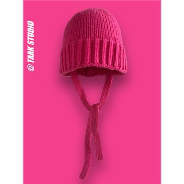 韓版ins玫紅色長辮子毛線帽雷鋒帽子女秋冬天百搭保暖護耳針織帽