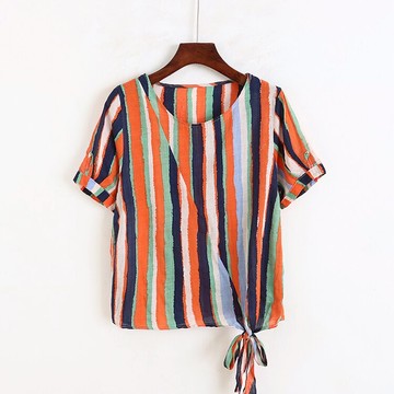 棉麻條紋系帶小衫夏新款拼接襯衫寬松休閑時尚打底衫女上衣01/2-2