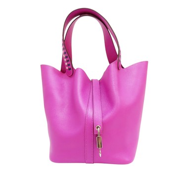 【二手名牌BRAND OFF】HERMES 愛馬仕 桃紅色 Epsom皮革 Tressage De Cuir Picotin Lock 22 手提包 C刻