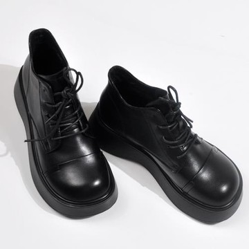 真皮馬丁靴女靴子厚底短靴新款加絨裸靴圓頭系帶及踝靴松糕底