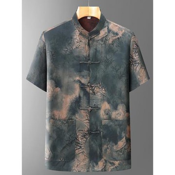 桑蠶絲襯衫男短袖夏季高端香云紗男裝中式盤扣上衣中國風唐裝襯衣