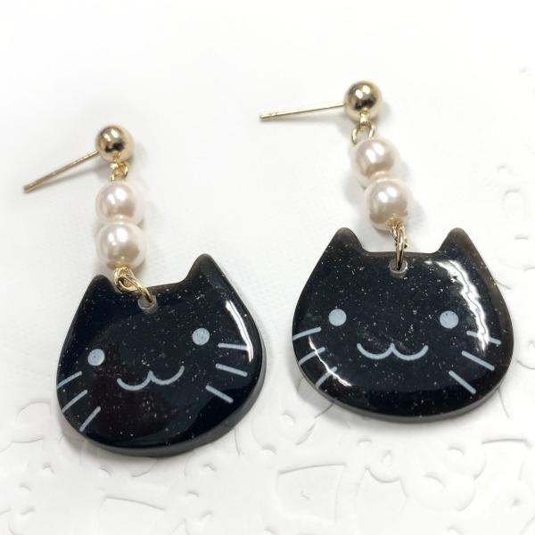 ハロウィン 黒猫＆魔女帽子 紫リボン ハンドメイド イヤリング