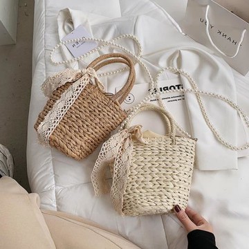 可愛草編手提包包女夏季2026新款珍珠鏈條編織包ins百搭斜挎包潮