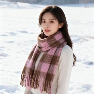虞書欣同款格子圍巾女冬季高級感百搭情侶披肩加厚保暖馬海毛圍脖