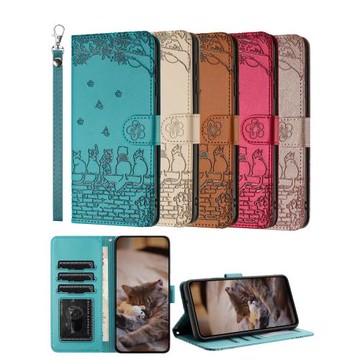 適用蘋果 17/12/13/14/15 Promax iPhone xs/XR/7/8/16 全系列 圍墻貓壓花 翻蓋式手機皮套 保護殼 防摔可愛