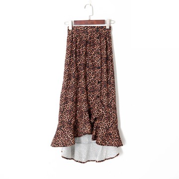 夏季女裝歐美風豹紋印花荷葉邊不規則裙松緊高腰斜排扣半身裙