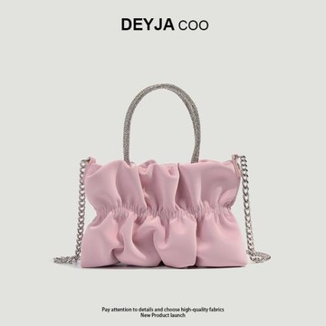水鉆手提單肩包包女2025夏季新款小眾名媛派對褶皺云朵鏈條斜跨包