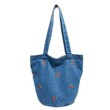 刺繡櫻桃牛仔布包包女2025新款托特包學生布袋輕便通勤單肩水桶包