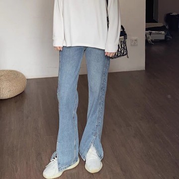 M-5XL 大尺碼開叉牛仔褲女胯大腿粗顯瘦闊腿褲子百搭直筒寬松拖地長褲