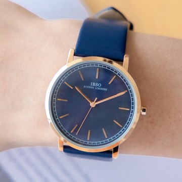 瑞士IBSO逆轉未來簡約炫光大錶面真皮手錶【WIB3608】-藍面藍帶