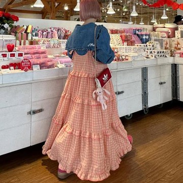 新色W0217 周末梨香 兩穿多層褶邊拼接吊帶連衣裙 25日系 女