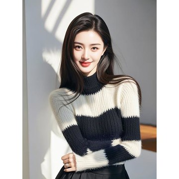 韓系洋氣百搭黑白條紋圓領長袖毛衣針織衫女秋冬款超好看軟糯小衫