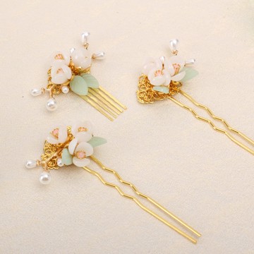 【ANGEL】古風花卉白玉手工髮簪頭飾三件組(三件組)