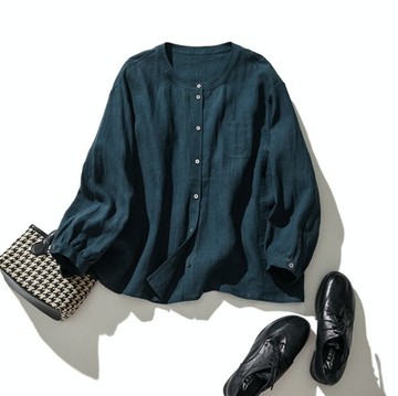 獨特設計亞麻長袖襯衫 休閒風格 透氣舒適 綠調深藍色 230923-5