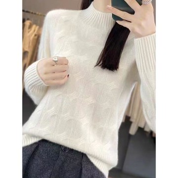 2025秋冬加厚半高領洋氣扭花針織衫女軟糯保暖羊毛毛衣氣質打底衫
