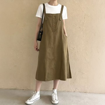 日系休閒亞麻背帶洋裝902227