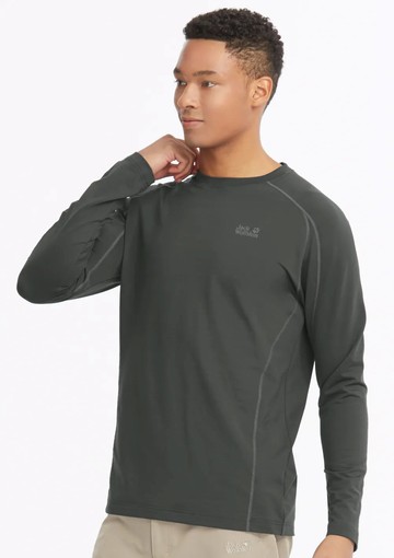 【Jack Wolfskin 飛狼】男 極簡素色圓領抗菌保暖排汗衣 長袖T恤『深灰』(174031)