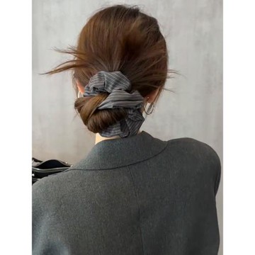 秋冬韓系灰色條紋大腸發圈女慵懶感氣質高級盤發低丸子頭馬尾頭繩