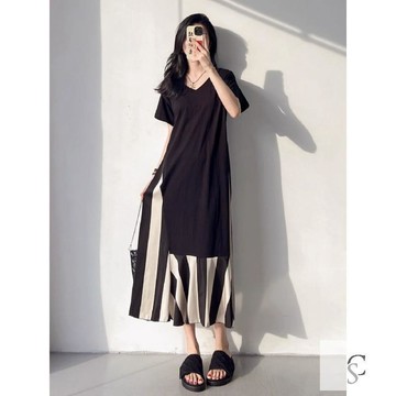【XL-8XL大尺碼】👩百搭连衣裙 大尺碼女裝 連衣長裙 胖mm300斤黑色長款過膝拼接連衣裙夏季新款大碼女顯瘦V領T